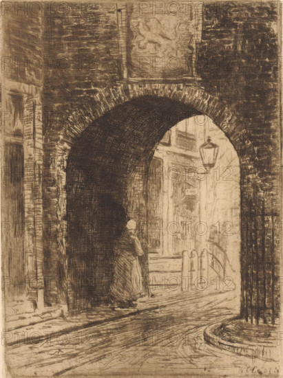 Gevangenpoort in The Hague, print, A woman walks under the gate., printmaker: Willem Adrianus Grondhout (signed by artist), 1907, paper, etching, intaglio printmaking technique, height 151 mm x width 119 mm, prison, jail, gate, entrance, The Hague, Gevangenpoort (Den Haag), A sepia-toned etched scene showing a narrow street framed by a large brick archway, with textured brick walls on both sides and a darker shadowed underside of the arch. Under the arch, a figure in a long dress stands facing the street, their back and profile visible. Beyond the archway, architectural details include a building façade with door and window outlines, a street lamp mounted on the wall, and a small fence or gate in front of the entrance. The foreground shows cobbled or worn pavement lines leading toward the arch, and a curved raised stone edge at the lower right. The upper section of the archway contains a rectangular panel with a faint relief or carved motif. Overall the image is rendered with fine cros...