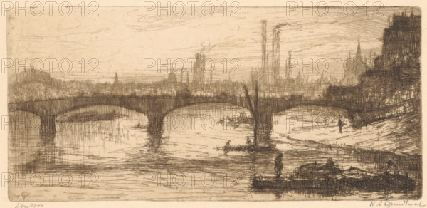 London (original title on object), print, A bridge over the Thames in London. In the background the silhouettes of buildings., printmaker: Willem Adrianus Grondhout (signed by artist), 1888 - 1931, paper, etching, intaglio printmaking technique, height 100 mm x width 212 mm, bridge in city across river, canal, Thames, A sketch in sepia tones showing a wide river with a multi-arched bridge crossing it, vertical supports reflected in the water, and small boats with figures on the river; a shoreline with a standing figure and clustered buildings rises on the right, while an industrial skyline with tall chimneys and distant spires forms the background under a lightly sketched sky.