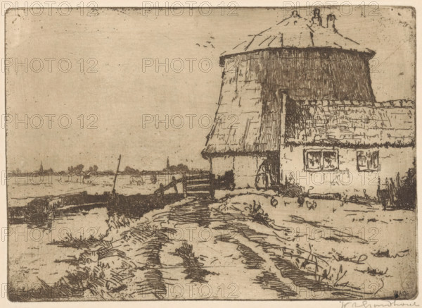 Windmill without sails in Voorburg, print, Meadow in the background., printmaker: Willem Adrianus Grondhout (signed by artist), 1888 - 1931, paper, etching, intaglio printmaking technique, height 129 mm x width 181 mm, windmill in landscape, Voorburg, A sketch showing a rural scene with a thatched building on the right, featuring a steep roof, chimneys, and small windows, adjacent to a lower structure with a tiled roof and a doorway. A dirt path or tracks lead from the foreground toward the buildings, bordered by grass and low vegetation. A wooden gate and fence sit near the entrance to the property, with rough, textured lines indicating planks and posts. The left side of the image reveals a flat landscape with a water channel and distant low tree lines and small vertical structures on the horizon. The sky is largely empty with a small cluster of birds drawn above the main building. The whole image is rendered in fine, etched lines on a lightly mottled, aged paper background.