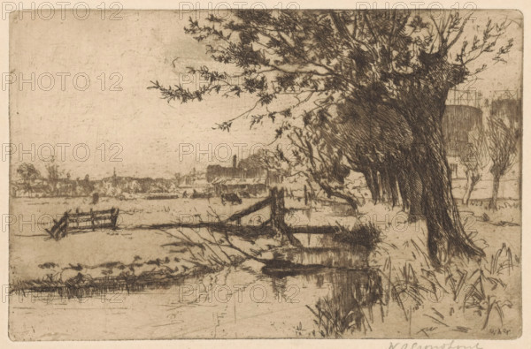 Ditch near the Municipal Gasworks in the Binckhorst in The Hague, print, Left a meadow with a grazing cow. Right in the background two gas holders., printmaker: Willem Adrianus Grondhout (signed by artist), 1888 - 1931, paper, etching, intaglio printmaking technique, height 134 mm x width 207 mm, meadow, pasture, small canal, ditch, gasholder, gas tank, The Hague, Binckhorst, A sepia-toned etching of a riverside scene showing a row of trees along the right bank with detailed trunks and tangled branches extending across the top, their leaves sketched in fine lines. A wooden fence and a broken gate sit near the water's edge in the midground, with reflections visible in the calm water below. Low buildings and distant structures line the far bank, seen through a light, sketchy horizon. Tall grasses and reeds grow along the near bank, and delicate line work suggests ripples and shadow in the water and texture in the fields. The overall image is composed of fine, cross-hatched strokes and so...