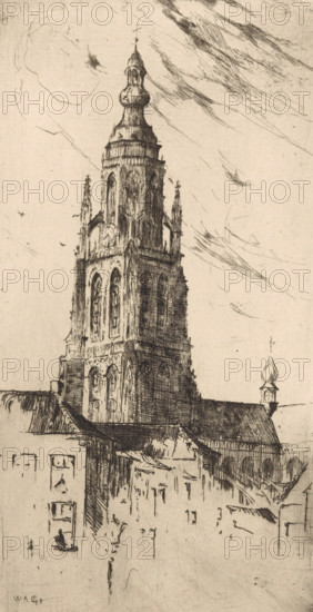 Tower of the Grote Kerk in Breda, Nieuwe Kerk in Delft (former title), print, printmaker: Willem Adrianus Grondhout (signed by artist), 1888 - 1931, paper, etching, intaglio printmaking technique, height 264 mm x width 136 mm, parts of church exterior and annexes: tower, Breda, Grote Kerk (Breda), A tall ornate tower with arched windows and decorative spires rises above a series of lower rooftops; the tower features a bulbous, multi-tiered top crowned by a small cross and shows detailed vertical masonry and carved window tracery. The foreground includes the outlines of adjacent buildings and sloped roofs with visible tiles and eaves, and a smaller cupola with a rounded top and cross sits on one of the lower roofs. The sky is filled with sketchy, diagonal hatch marks and light swirling lines, and the whole image is rendered in fine, dark pen or etching strokes on a light background.