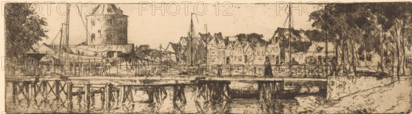 Delft (former title), The Old Harbour of Enkhuizen, print, The Old Harbour of Enkhuizen with the Leugenbrug and moored ships. On the left in the background the Drommedaris, the southern gateway to the city. The cityscape in the print is a mirror-image representation of reality., printmaker: Willem Adrianus Grondhout (signed by artist), 1888 - 1931, paper, etching, intaglio printmaking technique, height 83 mm x width 303 mm, harbour, canals, waters (in city), Enkhuizen, A wide sepia-toned sketch shows a waterfront scene with a wooden pier extending across the foreground, its pilings reflected in rippling water below, and small boats moored beneath and alongside it; behind the pier a low fence or railing runs horizontally, with a solitary figure standing near its center; beyond that are rows of buildings with varied rooflines and a tall cylindrical tower to the left, masts and rigging of several sailing vessels rising above the roofs, and trees framing both edges of the image, their foli...
