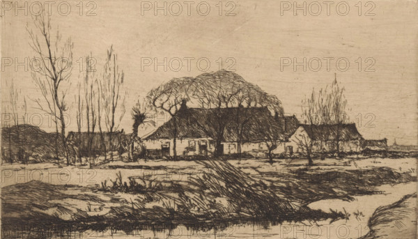 Farm by a ditch, print, printmaker: Willem Adrianus Grondhout (signed by artist), 1888 - 1931, paper, etching, intaglio printmaking technique, height 125 mm x width 213 mm, farm or solitary house in landscape, small canal, ditch, A sepia-toned etching of a rural scene showing a row of low buildings with thatched roofs set behind a marshy foreground, with tall bare trees rising between and around the houses and a larger rounded mass of foliage or hill behind the central roof; the foreground contains textured grasses, patches of water, and irregular ground lines, while the sky above is plain with subtle horizontal striations.