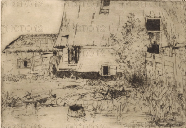 Base of a windmill in Voorburg, print, In the foreground a landing stage on a bank., printmaker: Willem Adrianus Grondhout (signed by artist), 1888 - 1931, paper, etching, intaglio printmaking technique, height 136 mm x width 195 mm, windmill, Voorburg, A sepia-toned etching shows a thatched-roof cottage and adjacent structures beside a narrow stretch of water. The cottage features steep sloping roofs with textured straw lines, small dark window openings, and a partially visible doorway. A human figure stands near the building facing away, drawn with simple line work. Vegetation, including bushes and tall grasses, grows along the right side and near the water’s edge, rendered with fine, sketchy strokes. A low wooden fence or posts appear beside the cottage, and a small wooden dock or platform extends into the water. In the foreground a round, basket-like object sits partially submerged, and reflections and ripples are indicated on the water’s surface. Overall the image is composed of d...