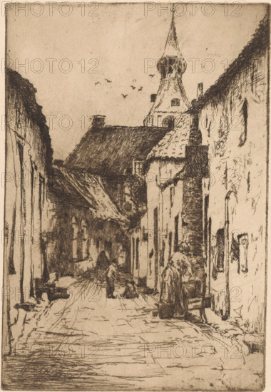 Hattem (original title), print, Figures in a street in Hattem. In the background the tower of the Grote or Andreaskerk., printmaker: Willem Adrianus Grondhout (signed by artist), 1888 - 1931, paper, etching, intaglio printmaking technique, height 212 mm x width 144 mm, street, parts of church exterior and annexes: tower, A narrow street scene rendered in fine dark lines on a light background shows tall, closely spaced buildings with steeply pitched, thatched or tiled roofs and rough textured walls; a tower with a pointed spire rises above the rooftops toward the top of the image while a few small birds are drawn near the spire; the street slopes inward and is occupied by small human figures engaged in everyday activity, including one person bending over a basin at the right and others standing or kneeling further down the lane; doorways, windows, and architectural details like chimneys and beams are sketched along the facades, and the ground is indicated by a series of parallel and int...