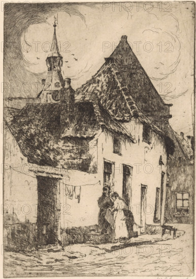Hattem (original title), print, Two women on the street. In the background the tower of a church., printmaker: Willem Adrianus Grondhout (signed by artist), 1888 - 1931, paper, etching, intaglio printmaking technique, height 210 mm x width 147 mm, street, parts of church exterior and annexes: tower, A monochrome etching showing the exterior of old buildings with steep, textured roofs and a tall spired tower rising behind them; the roofs display detailed tile patterns and uneven edges, and a chimney and rooftop vegetation are visible. In the foreground a narrow street runs past a building with tall, dark doorways and windows, and a length of laundry hangs between structures. Two figures stand close together near a doorway, their clothing and postures sketched in fine lines. The sky is lightly engraved with swirling cloud forms and a few small birds, and the image is framed by a thin border.