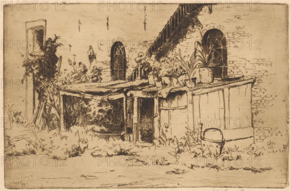 Chicken coop in a garden in Voorburg, print, Pots with plants stand on the chicken coop., printmaker: Willem Adrianus Grondhout (signed by artist), 1914, paper, etching, intaglio printmaking technique, height 120 mm x width 185 mm, potted plants, chicken house, Voorburg, A sepia-toned etching shows an outdoor scene with a low wooden structure topped by a rough cloth covering and several potted plants arranged along its top edge, including a taller plant with long leaves. In the background a brick wall contains two arched openings with wooden grills and a steep wooden staircase rising beside them. To the left a narrow door frame is partly obscured by climbing foliage and leaning boards. The ground in front of the structure is uneven with scattered grasses and small plants, and a rounded container sits near the right corner of the wooden wall. The image is rendered in fine hatched lines and subtle shading on a textured paper.