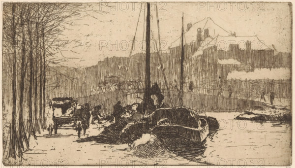 Snow in the city (original title), print, Moored boats at a snowy quay in The Hague. In the background the Wagenbrug., printmaker: Willem Adrianus Grondhout (signed by artist), 1888 - 1931, paper, etching, intaglio printmaking technique, height 106 mm x width 188 mm, snow, ships (in general), bridge in city across river, canal, The Hague, Wagenbrug, A monochrome etching showing a riverside scene with boats tied along the water's edge and tall masts rising vertically; figures stand and move along the shoreline and on a nearby bridge, some clustered near the boats and others walking along a path; bare trees with slender trunks and tangled branches line the left side, their roots and lower trunks visible; a horse-drawn cart faces toward the viewer on the path beside the trees; a distant skyline of irregular buildings and a triangular hill or mountain rises behind the bridge; the water reflects the boats and shoreline with textured lines and there are scattered small rocks and low banks at...