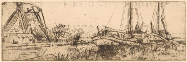 De Vliet (original title), print, A windmill along the Vliet near The Hague. Two moored ships on the right., printmaker: Willem Adrianus Grondhout (signed by artist), 1888 - 1931, paper, etching, intaglio printmaking technique, height 95 mm x width 295 mm, windmill in landscape, ships (in general), Vliet, de, A sepia-toned landscape etching shows a waterway with boats moored along the grassy bank and a larger vessel with tall masts tilted slightly to one side, its hull detailed with cross-hatching. To the left a windmill with long sails stands behind a cluster of low buildings and trees, their foliage rendered in loose, textured lines. Reeds and grasses edge the foreground beside a small, partially drawn boat at the water’s edge. The distant horizon features low hills and a faint spire, while the sky is left largely empty with scattered speckled marks.