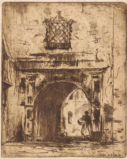Ulm (original title on object), print, A gate in Ulm, Germany., printmaker: Willem Adrianus Grondhout (signed by artist), 1888 - 1931, paper, etching, intaglio printmaking technique, etching with plate tone in brown, height 160 mm x width 130 mm, village-gate, Baden-Württemberg, A sepia-toned etching showing a tall stone archway leading into a narrow passage, with crosshatched shading and scratch-like lines creating texture; above the arch is a decorative grated balcony with ornate scrollwork, and the surrounding walls show weathered marks and irregular patches; beneath the arch a figure in period clothing stands with a cloak or shawl draped and a hat, facing the passage, while another smaller silhouette appears farther inside; architectural details such as ledges, columns, and rough masonry flank the opening, and the foreground contains horizontal lines suggesting steps or pavement.