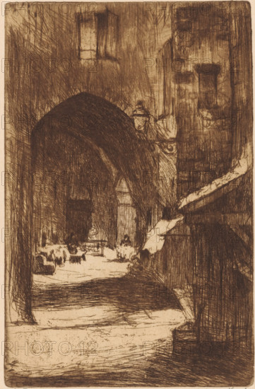 Le Puy (original title on object), print, A gate in Le Puy-en-Velay in the Auvergne., printmaker: Willem Adrianus Grondhout (signed by artist), 1888 - 1931, paper, etching, intaglio printmaking technique, etching with plate tone in brown, height 218 mm x width 141 mm, gate, entrance, Le Puy-en-Velay, A sepia-toned etching shows a narrow arched passageway flanked by tall textured walls, with a large rounded arch dominating the left side and a flight of worn steps rising on the right. Within the darker recesses under the arch are indistinct grouped shapes suggesting people seated or gathered around low tables, and an opening further back reveals a distant figure or form framed by vertical lines. A decorative lamp or lantern hangs near the center above a small ornate bracket, and heavy crosshatched shading creates deep contrasts between shadowed areas and lighter ground surfaces. The foreground shows a broad, worn pathway with scratch-like marks and smudges, while vertical and diagonal et...
