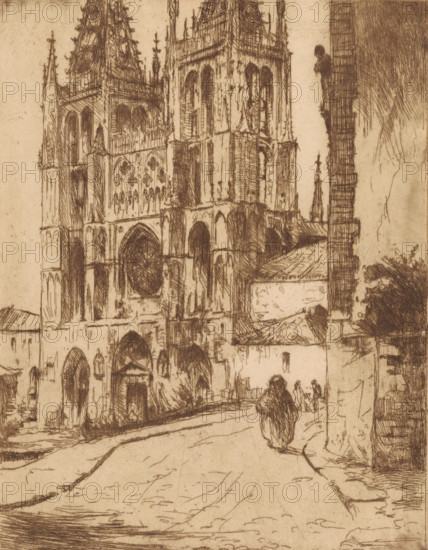 Burgos Cathedral, print, printmaker: Willem Adrianus Grondhout (signed by artist), 1888 - 1931, paper, etching, intaglio printmaking technique, etching with plate tone in brown, height 219 mm x width 169 mm, church (exterior), Castilla y León, Burgos, A sepia-toned etching of a Gothic cathedral façade and towers viewed from a street, showing pointed arches, rose window outlines, tall ornate spires, and sculpted architectural details; the street in the foreground slopes toward the building with a lone cloaked figure walking away from the viewer and a few small distant figures near the cathedral entrance; adjacent buildings and a tall narrow structure line the right side, and rough textured shading and crosshatching fill the sky and building surfaces.