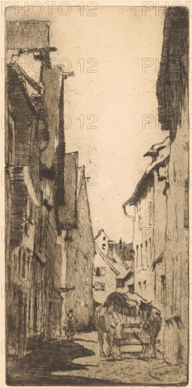 Ulm (original title on object), print, A street in Ulm, Germany with a horse-drawn cart., printmaker: Willem Adrianus Grondhout (signed by artist), 1888 - 1931, paper, etching, intaglio printmaking technique, height 234 mm x width 114 mm, street, animal traction, animal-drawn vehicle (carriage etc.), Baden-Württemberg, A narrow vertical street scene rendered in sepia tones shows tall, closely spaced buildings on both sides with steep, gabled roofs and textured facades. On the left, layered shadows and vertical lines mark windows, balconies, and overhangs, while on the right, more irregular rooflines and dripping edges are visible. Near the foreground, a horse wearing a harness stands beside a cart, its shape defined by crosshatched lines and darker shading. Further down the street, a partially visible figure walks away, and small architectural details like chimneys and window openings appear on distant buildings. The sky above is empty and pale, providing contrast to the densely etched...