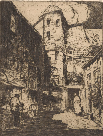 Street in Deventer, print, A man and a woman in a street where a clothesline is stretched between two houses., printmaker: Willem Adrianus Grondhout (signed by artist), 1888 - 1931, paper, etching, intaglio printmaking technique, height 158 mm x width 120 mm, street, Deventer, A narrow street scene rendered in dark linear etching features tall, textured buildings flanking a central tower with arched openings and a rounded, tiled roof; rough stone walls and rooflines create strong vertical and diagonal lines, while shadowed facades and crosshatching define depth. In the foreground, two human figures are visible, one bent over near stacked round objects and another standing upright near a doorway, both outlined with sketchy strokes. Architectural details include small windows, a projecting balcony or overhang, and a variety of roof tiles and chimneys. The sky above shows circular, swirling hatchwork suggesting cloud forms, and the street surface is marked with irregular patches of light ...