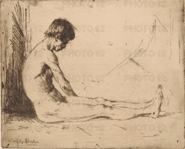 Sitting, naked man, print, printmaker: Willem Adrianus Grondhout (signed by artist), 1888 - 1931, paper, etching, intaglio printmaking technique, height 132 mm x width 161 mm, sitting on the ground, man (showing himself) undressed, quasi-nude, A sepia-toned sketch shows a nude seated figure in profile facing right with head bowed and hair shading the face, detailed crosshatched lines defining the shoulder, back, and torso, and long legs extended along the lower area of the image; a dark vertical area of dense hatch marks appears behind the figure on the left, while the surrounding space is sparsely sketched with faint lines and small scattered marks, and a small lightly drawn foot appears near the right edge.