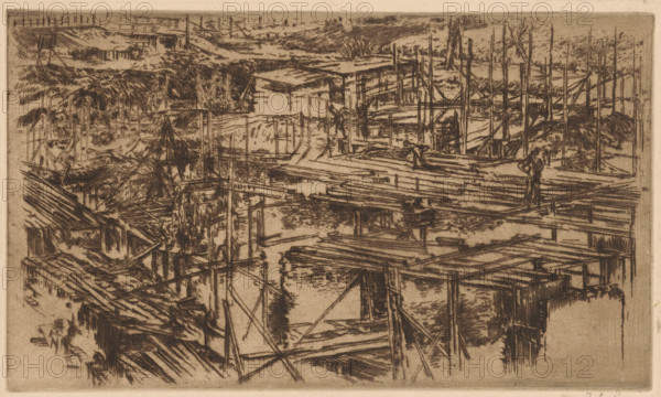 Construction pit with scaffolding, print, printmaker: Johannes Löhr, 1892 - 1928, paper, etching, intaglio printmaking technique, height 122 mm x width 217 mm, building-site, scaffold (, building activities), Amsterdam, An intricate monochrome etching of a waterside scene showing wooden piers, planks, and scaffolding extending over and along a body of water, with numerous vertical poles and beams intersecting at various angles and reflections visible on the water surface; rough grassy banks and uneven terrain rise behind the structures, and small simple buildings or sheds sit among the boards; a few human figures in work poses stand or walk on the planks, and small boats or dinghies are moored or resting near the platforms; the composition is dense with linear hatch marks and crosshatching that define texture and shadow across the wooden elements and surrounding landscape.