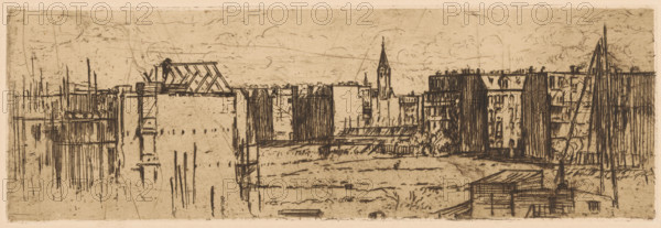 View of Amsterdam with houses under construction, print, In the foreground a construction site. In the background residences and the Boomkerk., printmaker: Johannes Löhr, 1892 - 1928, paper, etching, intaglio printmaking technique, height 100 mm x width 298 mm, building-site, city-view in general, 'veduta', Amsterdam, Boomkerk, A horizontal sketch in sepia tones shows a waterfront scene with a series of buildings and structures along the shore. On the left, there are tall, narrow posts and scaffold-like lines rising from the water, and a large blocky structure with visible vertical and horizontal hatch marks. Toward the center, rows of rectangular buildings with flat and pitched roofs form a continuous facade, interrupted by a tower with a pointed spire. The shoreline in front of the buildings is drawn with uneven, textured strokes suggesting a strip of open ground or low vegetation. On the right, a small shed or boathouse with a slanted roof sits near the water, and nearby a tall mast...