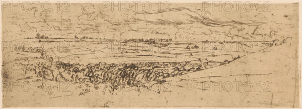 Rolling landscape with village, print, printmaker: Johannes Löhr, 1892 - 1928, paper, etching, intaglio printmaking technique, height 102 mm x width 285 mm, prospect of village, silhouette of village, low hill country, A wide, horizontal sketch of a rural landscape rendered in fine, dark lines on a light, aged background, showing low rolling hills that recede into the distance under a sky filled with wispy, curved cloud strokes; the foreground features a gently sloping hillside with scattered short grasses and a dense cluster of trees and shrubs rendered with short, textured marks, within which a few small, simple roofed structures appear; beyond the trees, open fields are indicated by long, horizontal lines and subtle variations in shading, punctuated by occasional isolated trees and small building outlines along the horizon; faint, sketchy marks and smudges are visible across the surface, giving an overall impression of a lightly worked etching.