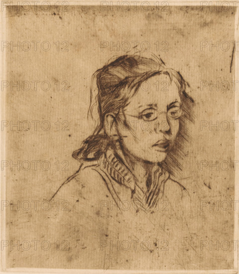 Face of a young woman with glasses, print, printmaker: Johannes Löhr, 1892 - 1928, paper, etching, intaglio printmaking technique, height 160 mm x width 138 mm, adolescent, young woman, maiden, eyeglasses, spectacles, A sepia-toned sketch of a person shown from the shoulders up, with eyeglasses, loosely tied hair gathered at the back, and a textured scarf or high collar around the neck, rendered with fine, sketchy lines on a mottled, aged paper background.