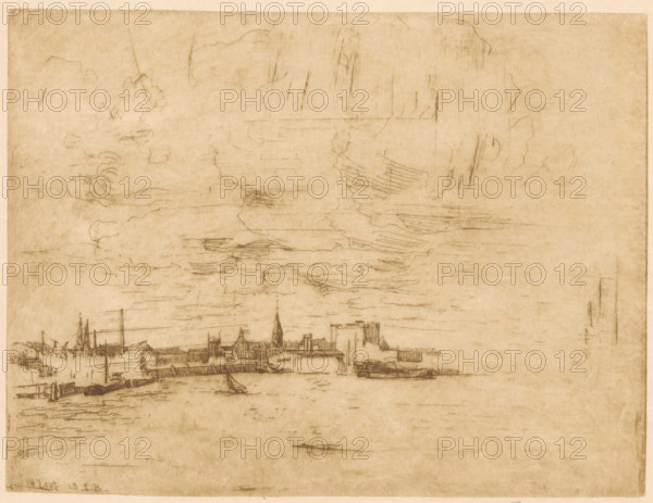 Cityscape from the water, print, Several ships in the water., printmaker: Frederika Henriëtte Broeksmit (signed by artist), 1913-09-14, paper, etching, intaglio printmaking technique, height 151 mm x width 199 mm, harbor, city-view, and landscape with man-made constructions, A wide horizontal sketch on aged paper showing a waterfront scene with a distant town skyline, simple boat outlines on the water, a steeple rising among low buildings, docks and piers, masts and rigging of ships, and sketched cloud formations filling the upper portion of the page.