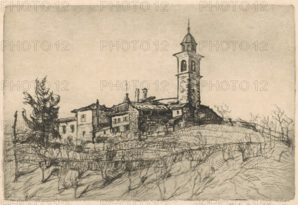Sorengo, print, View of the Swiss village of Sorengo near Lugano., printmaker: Frederika Henriëtte Broeksmit (signed by artist), 1885 - 1931, paper, etching, intaglio printmaking technique, etching with plate tone, proof, height 133 mm x width 197 mm, city-view, and landscape with man-made constructions, A sketched landscape shows a cluster of buildings on a low hill with a tall tower rising above them, the tower topped by a small dome and a finial. The buildings have tiled roofs, chimneys, and stone or brick facades rendered with crosshatching and fine lines. In front of the structures, the ground slopes down with textured lines suggesting grass, earth, and low vegetation. To the left, a tall, narrow tree with irregular branches stands near the buildings, and to the right sparse leafless branches and shrubs appear on the hillside. The sky is empty and lightly shaded, forming a pale backdrop to the detailed foreground.