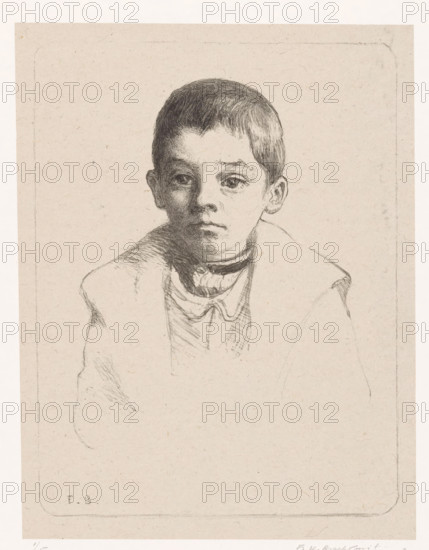 Portrait of an unknown boy from Schoorl, Jochie in Schoorl (original title), print, printmaker: Frederika Henriëtte Broeksmit (signed by artist), c. 1904, paper, lithography, lithografie, height 237 mm x width 183 mm, boy (child between toddler and youth), anonymous historical person portrayed, A lightly sketched portrait of a young boy seen from the chest upward, rendered in thin dark lines on a light beige background, showing short hair, slightly downcast eyes, a straight nose, and closed lips with subtle shading on the cheeks and neck; he wears a high-collared shirt with a loosely knotted scarf or bow at the throat and a broad-shouldered coat suggested by faint contour lines, all contained within a framed rectangular border with rounded corners and sparse surface texture on the paper.