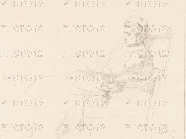 Portrait of a woman, identified by VJ-DvH, print, Portrait of a woman reading a book in a chair., printmaker: Frederika Henriëtte Broeksmit (signed by artist), c. 1905 - c. 1908, paper, lithography, height 210 mm x width 270 mm, Title based on information from the inventory book., historical persons - BB - woman, reading, A faint pencil sketch on light paper shows a seated older woman in profile facing right, her hair styled and her facial features softly rendered, wearing a high-collared garment and holding an open book or similar object in her lap; the chair she sits in has a carved armrest and a tall back with a rounded finial, and light, loose pencil lines indicate folds of fabric and the outline of her body and the chair against an otherwise empty background.