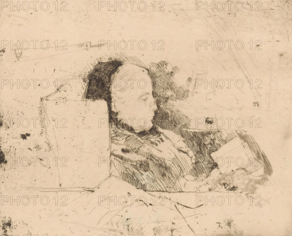 Portrait of Mrs Wilhelmina, print, A seated woman with glasses reading a book., printmaker: Frederika Henriëtte Broeksmit (signed by artist), 1885 - 1931, paper, etching, intaglio printmaking technique, height 142 mm x width 170 mm, Person, Wilhelmina Maria Broeksmit-van Peski, historical persons - BB - woman, reading, A faint, sepia-toned sketch of a person reclining with a pillow behind their head, rendered with fine, crosshatched lines and scattered smudges and scratches across the background, showing the person's head turned slightly to the side with subtle facial features and hair, a dark shaded area behind the head, loosely drawn clothing with linear shading, and various small marks and blemishes on the paper surface.