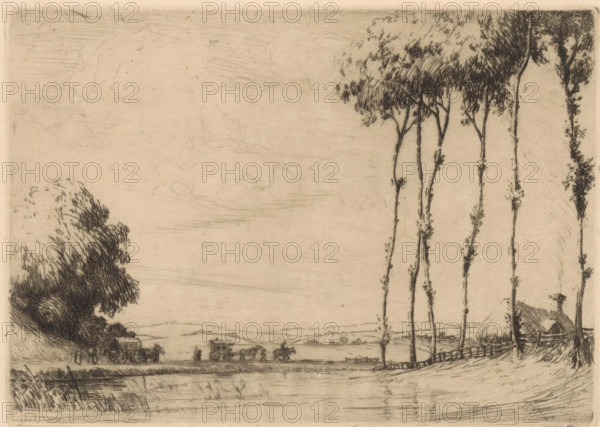 Landscape with covered wagon and caravan, print, A covered wagon and a caravan are being pulled by several horses on a country road along the water. On the left in the foreground, six trees in front of a fence and a farm., printmaker: Jan Daum (signed by artist), c. 1915, paper, etching, intaglio printmaking technique, height 124 mm x width 175 mm, farm or solitary house in landscape, groups of trees, four-wheeled, animal-drawn vehicle, eg: cab, carriage, coach, A wide, pale landscape sketch showing a calm body of water in the foreground with reflected vertical lines, a low grassy bank and reeds along the edge, a line of tall, slender trees with sparse foliage rising on the right side, and a cluster of dense, rounded trees on the left. A small thatched-roof cottage sits near the right trees behind a curved fence, and a horse-drawn carriage and wagons travel along a distant road toward the center, with tiny standing figures nearby. The sky is lightly sketched with faint cloud shapes and...