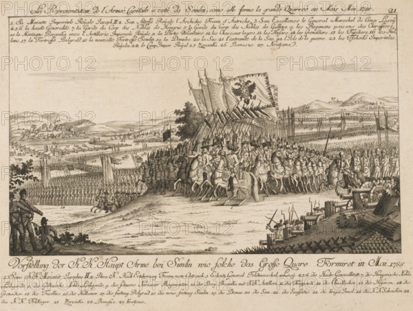 Emperor Joseph II leading the army at Zemun, 1788, La Representation de l'Armeé Capitale à coté de Semlin, come all forme la grande Quarreé au Mois Mai 1788, Vorstellung der KK Haupt Arme bei Simlin wie solche das Grosse Quare Formiret in Mai 1788, print, Emperor Joseph II leads the Habsburg army against the Ottomans at the Battle of Zemun during the Russo-Turkish War, May 1788. With titles and legends 1-27 in French and German. Numbered top right: 21., Germany, publisher: Johann Martin Will, Augsburg, 1788 - 1790, Johann Martin Will, printmaker, publisher, Bavaria, paper, etching, height 325 mm x width 422 mm, Person, Joseph II (German Emperor), assembling of military forces, mobilization, troop concentration, Russo-Turkish War (1787-1792), Zemun, Period, 1788-05, A wide engraved scene shows rows of soldiers in formation across a landscape with hills and a distant town, many infantry standing with long pikes and muskets and a regiment of cavalry on horseback near the center; large fla...