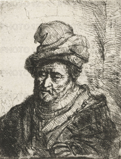 Bust of a philosopher, print, Bust of a man with a cap., printmaker: attributed to Karel van der Pluym, Netherlands, printmaker: manner of Rembrandt van Rijn, 1635 - 1672, Attributed to, Manner of, paper, etching, height 94 mm x width 71 mm, scholar, philosopher, historical persons (portraits and scenes from the life) (three-quarter view portrait), A detailed black and white line etching of an older man shown from the chest upward wearing layered clothing and a soft, folded hat, his face rendered with closely spaced, expressive hatch marks that depict a mustache, beard, drooping eyelids, and a downward gaze; the hat sits atop a textured band and the clothing includes a collar and a strap with a circular fastener, all sketched with dense crosshatching, while the background shows vertical and diagonal etched lines and areas of lighter scratch marks.