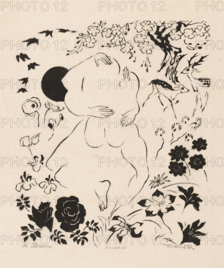 The source (original title on object), print, Two or more naked figures are intertwined in a landscape with flowers. A flock of birds in the upper left. Two deer in the background on the right., printmaker: Johannes Frederik Engelbert ten Klooster (signed by artist), 1883 - 1934, printer (person), paper, transparent paper, woodcut, height 325 mm x width 265 mm, flowers, coitus, cohabiting, sexual intercourse, hoofed animals: deer, A black ink line drawing on a light beige background shows a rear view of a nude figure with rounded shoulders and a black circular head, arms wrapped around the upper body, and legs visible below, surrounded by stylized botanical elements including blooming flowers, leafy stems, and clusters of blossoms; birds in flight appear near the top left, and two small deer stand among the floral motifs on the right, with a tree trunk and branches framing the upper right corner.