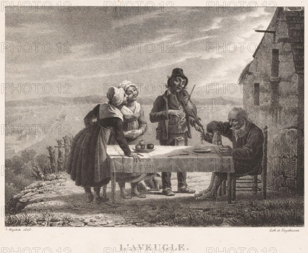 The blind man, Blind violinist plays for a man and two women, Artists and beggars, print, printmaker: Martin Sylvestre Baptiste, printer (person): Gottfried Engelmann, Paris, 1826, printer (person), paper, lithography, height 259 mm x width 333 mm, violin, fiddle, evening meal, dinner, supper, blind, blindness, A grayscale scene shows a group of people gathered around a table set outdoors on a rocky ledge with a distant landscape and sky in the background; two young women wearing bonnets and simple dresses stand at the table, one leaning forward with hands on the table and the other standing with hands clasped and eyes closed, while a man wearing a hat stands nearby holding a violin and bow, and an older seated man pours liquid from a small vessel into a bowl; the table is covered with a cloth and holds a plate of round fruits and other simple items, and a rough stone or wooden building with a thatched roof appears at the right edge.