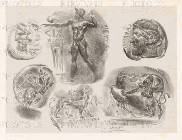 Studies of six antique medals, print, stamp: 'Lemercier, Imps. lithographe à Paris, État de la pierre.', printmaker: Eugène Delacroix, Paris, printer (person): Gottfried Engelmann, printer (person): Lemercier, Imprimerie, 1825, printer (person), paper, chine collé, lithography, height 398 mm x width 560 mm, height 195 mm x width 263 mm, medal (considered as a piece of sculpture, regardless of its specific function), A sheet with multiple pencil or charcoal sketches on a light background showing a central standing male figure with outstretched arms and a cloth at the waist, flanked by circular coin-like profiles of bearded male heads, several animal figures including a winged creature curled inside a circular frame, a snarling bull or bovine in a dynamic pose, and a walking lion with a small star-like motif nearby, all rendered in shaded, textured strokes with visible paper speckling around the edges.