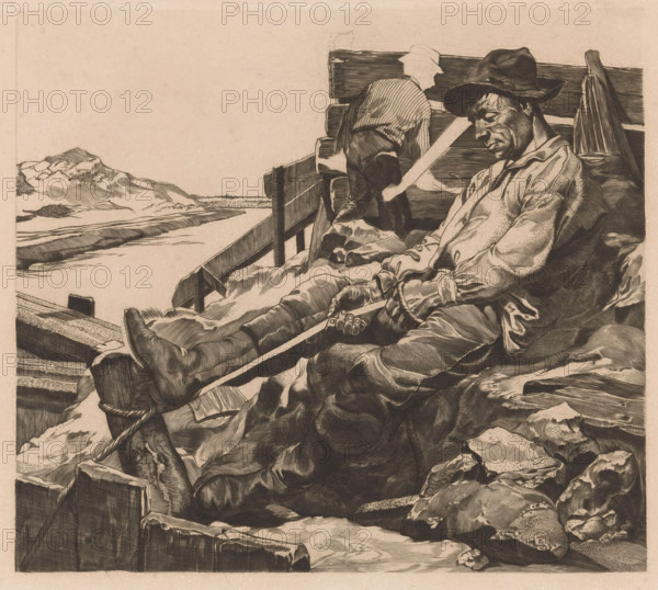 Workers at work at a sand quarry (former title), Two workers at a sand quarry, print, Two men in work clothes and with hats. In the foreground, a man is wrapping a rope around a post by pushing off the post with his foot. In the background, a sand dune, a canal, and a wooden fence, where the other man is standing., printmaker: Johannes Josephus Aarts, 1902, paper, engraving, intaglio printmaking technique, engraving and plate tone, height 240 mm x width 295 mm, tools, aids, implements, crafts and industries: rope, working class, labourers, A sepia-toned engraving shows a man reclining against wooden planks, wearing a brimmed hat and loose shirt with rolled sleeves, his eyes closed and hands resting on his lap; another figure stands with their back turned, leaning over the railing and wearing a striped shirt and cap; piled blankets and sacks surround the seated man, and a long pole rests across his legs; in the background a calm river or body of water runs beside low, rounded hills unde...