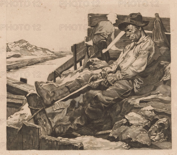 Two workers at a sand quarry, print, Two men in work clothes and with hats. In the foreground, a man is wrapping a rope around a post by pushing off against the post with his foot. In the background, a sand dune, a canal, and a wooden fence, where the other man is standing., printmaker: Johannes Josephus Aarts, 1902, inorganic material, paper, pencil, chalk, engraving, intaglio printmaking technique, engraving and plate tone with corrections in pencil and black chalk, height 240 mm x width 295 mm, tools, aids, implements, crafts and industries: rope, working class, labourers, A detailed monochrome etching shows a man wearing a wide-brimmed hat and loose clothing reclining against wooden planks, his head tilted and eyes closed, with visible facial lines and stubble; his hands rest on his lap, one gripping a long stick that extends diagonally across the image. Behind him another figure leans forward against the same wooden structure, wearing a striped shirt and a brimmed cap, seen from t...