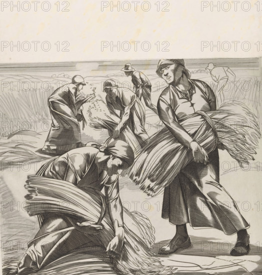 Corn Harvest, Compositions with Mowing Women (former title), print, Men and women with bundles of mown corn in their arms., printmaker: Johannes Josephus Aarts, 1881 - 1934, paper, pencil, engraving, intaglio printmaking technique, engraving and plate tone with additions in pencil, height 325 mm x width 250 mm, cereal, grain, corn (grass with grains, grown for food, eg: wheat, rice, rye, oats, maize, buckwheat, millet), binding, harvest, A monochrome drawing of several people working in a field, shown from waist up to feet, wearing hats and simple garments with visible folds and crosshatching, each holding or bundling long sheaves of grain with sweeping curved lines; one person in the foreground looks outward with a tilted head, another bends forward gathering stalks, and others are depicted in various bent and reaching poses; the background shows a low horizon with horizontal stroke lines and sketched fields, and the ground is filled with textured lines indicating vegetation.