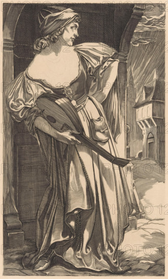 Bajadère (former title), Woman with lute on the street, print, Standing woman in dress with a lute in her left hand. Buildings in the background, printmaker: Johannes Josephus Aarts, 1881 - 1934, paper, engraving, intaglio printmaking technique, engraving and plate tone, height 233 mm x width 144 mm, lute, and special forms of lute, eg: theorbo, musician, A woman in historical dress stands in an arched doorway holding a stringed instrument with one hand and resting the other on her hip; she wears a headscarf and a gown with a wide neckline and puffed sleeves, a fitted bodice with lacing, and a pouch at her waist, and her hair curls at the neck. Her gaze is directed to the side and her posture is slightly turned, showing the draped folds of her long skirt and the detailed linear shading of the fabric. The scene includes architectural elements of the doorway and a view beyond it of tall, narrow buildings with pointed roofs and vertical hatching suggesting rain or sky, and there is textur...