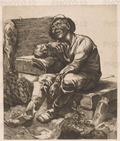 Resting polder boy (former title), Sleeping polder boy, print, A man in work clothes and with a hat, sitting and sleeping on a wooden bench. Top left a branch with leaves, bottom right a water bottle. On the right in the background a settlement with a church tower., printmaker: Johannes Josephus Aarts, 1881 - 1934, paper, engraving, intaglio printmaking technique, engraving and plate tone, height 255 mm x width 227 mm, working class, labourers, sleeping, unconsciousness - BB - out of doors, A seated man wearing a brimmed hat and loose clothing leans his head back with eyes closed and mouth slightly open, one arm draped over a folded cloth and the other resting across his lap; he sits against a plank of wood and a cloth-draped block, with a woven basket nearby, a cylindrical container lying on its side, and a tufted plant or fur at his feet, all rendered in dense engraved lines and tonal hatching.