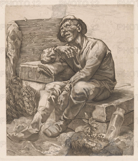Resting polder boy (former title), Sleeping polder boy, print, A man in work clothes and with a hat, sitting and sleeping on a wooden bench. Top left a branch with leaves, bottom right a water bottle. On the right in the background a settlement with a church tower., annotation: 'wednesday-Friday: The Hague', printmaker: Johannes Josephus Aarts, 1881 - 1934, inorganic material, paper, pencil, chalk, engraving, intaglio printmaking technique, engraving and plate tone with corrections in pencil and black chalk, height 255 mm x width 227 mm, working class, labourers, sleeping, unconsciousness - BB - out of doors, A seated man wearing a loose shirt and a floppy hat leans against a rough wooden board with his eyes closed and mouth slightly open, one arm resting on a folded cloth on a box while his other hand hangs between his knees; woven baskets and a rolled object sit near his feet, a furry item lies on the ground in front, and textured wood, stones, and small plants fill the surrounding a...