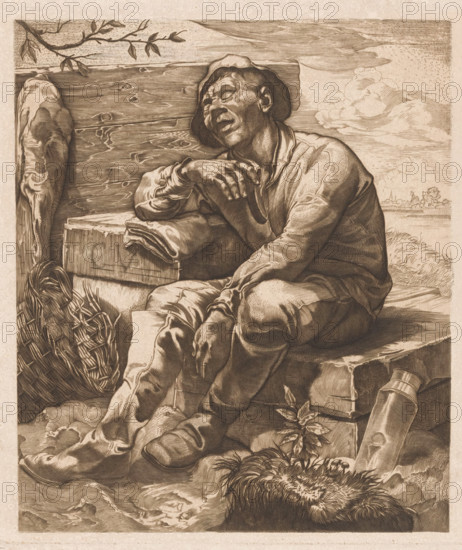 Sleeping polder boy, print, A man in work clothes and with a hat, sitting and sleeping on a wooden bench. Top left a branch with leaves, bottom right a water bottle. On the right in the background a settlement with a church tower., annotation: '2 prints on Japanese J paper: 1 brown and 1 black ink. slightly lighter in the shadow masses.', printmaker: Johannes Josephus Aarts, 1881 - 1934, inorganic material, paper, chalk, engraving, intaglio printmaking technique, engraving and plate tone with corrections in black chalk, height 255 mm x width 227 mm, working class, labourers, sleeping, unconsciousness - BB - out of doors, A seated man wearing a brimmed hat and loose clothing leans against a wooden plank, his head tilted back and mouth slightly open, one arm draped over a folded cloth on a box while the other rests across his knees; a woven basket sits nearby on the ground beside worn boots and a cylindrical container, with leafy plants and textured groundcloth around his feet, clouds an...