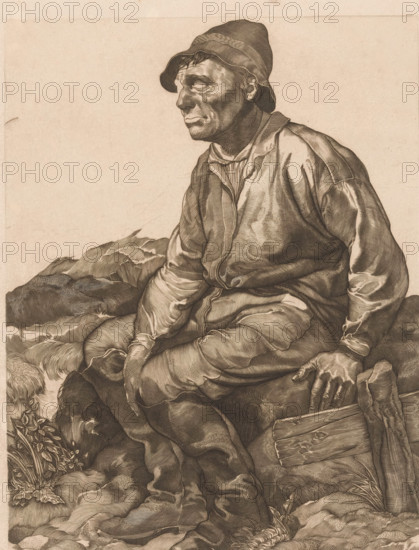 Resting laborer, Resting workman (former title), print, A laborer, dressed in overalls, hat, and boots, rests sitting down., annotation: 'voorstaat', printmaker: Johannes Josephus Aarts, 1881 - 1934, paper, pencil, engraving, intaglio printmaking technique, engraving and plate tone with corrections in pencil, proof print, height 268 mm x width 203 mm, working class, laborers, resting - BB - out of doors, A monochrome engraved image of an older man seated on rocky ground wearing a loose jacket and a rounded hat, his face shown in profile with deep lines and a somber expression, one hand resting on his knee and the other gripping a weathered wooden plank, folds and texture of his clothing rendered with fine crosshatching, rocks and sparse vegetation surrounding him and a plain background behind.