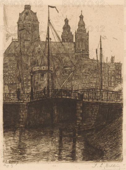 View of St. Nicholas Church and the Schreierstoren in Amsterdam, print, Series number, 5, View of St. Nicholas Church and the Schreierstoren in Amsterdam., signature: 'IL Bidding', number: 'no. 5', printmaker: Izaak Leendert Bedding (signed by artist), 1897 - 1935, ink, materials by function, paper, printing ink, etching, drypoint, intaglio printmaking technique, etching and drypoint with plate tone, height 169 mm x width 132 mm, height 315 mm x width 236 mm, Amsterdam, Schreierstoren, Basilica of Saint Nicholas, A detailed pen-and-ink cityscape shows a stone bridge spanning a canal with water below, the bridge featuring a railing and lamp posts and a few small silhouetted figures standing or leaning on it, behind the bridge a cluster of tightly drawn buildings rises with steeply pitched roofs, ornate facades, gabled windows, and rows of small panes, among them prominent towers and domes with layered roofs and finials, several tall masts and rigging from moored vessels intersect the vi...