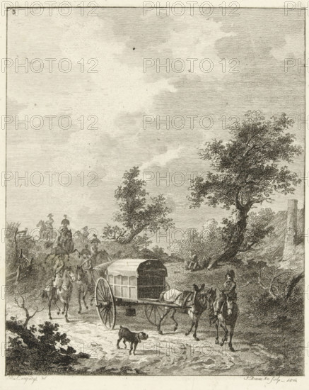 A group of soldiers on horseback, Six landscapes with soldier staff, print, Series number, 3, 6, A group of Napoleonic soldiers rides through a dune landscape. An ammunition wagon drives towards the first soldier., printmaker: Joannes Bemme, Rotterdam, after drawing by Dirk Langendijk, 1804, paper, etching, height 139 mm x width 110 mm, four-wheeled, animal-drawn vehicle, eg: cab, carriage, coach, warfare, military affairs (cavalry, horsemen), A detailed black and white etching shows a rural road scene with a covered cart pulled by two donkeys moving toward the viewer, a small dog walking in front of the cart, and a man standing beside the animals. To the left, riders on horseback and figures on foot travel along a raised embankment. A large, leafy tree with a twisted trunk rises on the right, and smaller trees and shrubbery dot the landscape. The sky is filled with fine horizontal lines suggesting cloud formations, and the foreground ground texture shows ruts and uneven terrain.