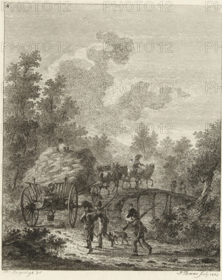 Hay wagon driving over a bridge, Six landscapes with soldier staff, print, Series number, 4, 6, A hay wagon drives over a bridge. Along the bank walk three Napoleonic soldiers with rifles and a dog., printmaker: Joannes Bemme, Rotterdam, after drawing by Dirk Langendijk, 1803, paper, etching, height 138 mm x width 110 mm, the soldier, the soldier's life, hay-wagon, A detailed monochrome etching shows a rural scene with a large wagon piled high with hay drawn by animals and crossing a wooden bridge, trees and foliage framing the path, clouds filling the sky, a seated figure atop the hay, several people walking along the road including one carrying another on their shoulders and another holding a long pole, a dog at the feet of the walkers, and a mounted driver guiding the animals over the bridge.