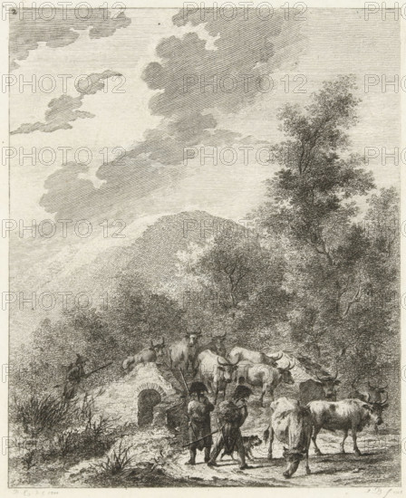 Soldiers driving a herd of cows across a bridge, Six landscapes with soldier staff, print, Series number, 2, 6, Landscape with three Napoleonic soldiers driving a herd of cows across a bridge., printmaker: Joannes Bemme, Rotterdam, after drawing by Dirk Langendijk, 1803, paper, etching, height 135 mm x width 107 mm, the soldier, the soldier's life, herd, flock, A detailed monochrome landscape showing a herd of cattle clustered on a dirt path near dense trees, with some cattle grazing and others standing closely together; two figures in long coats and wide hats walk along the path holding staffs and are accompanied by a small dog; a stone structure with an arched opening sits beside the animals and a person stands nearby with a long pole; tall trees with leafy canopies rise to the right, and rolling hills appear in the background beneath a sky filled with layered, textured clouds.