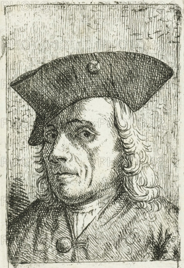 Self-portrait of artist Cornelis van den Berg, print, printmaker: Cornelis van den Berg, Haarlem, 1759, paper, etching, height 138 mm x width 72 mm, Person, portrait, self-portrait of graphic artist, A detailed black and white line drawing of a man shown from the shoulders up, wearing a wide, flat hat with a small circular ornament on its front, with wavy shoulder-length hair curling at the ends; his face shows closely hatched shading around the eyes, nose, and mouth, with a prominent nose and a slightly downturned mouth; he wears a high-collared garment fastened at the chest with a round button and clasp, and the clothing features dense crosshatching and textured lines; the background is filled with vertical scratched lines and scattered marks, and the image is framed by a rectangular border with rough edges.