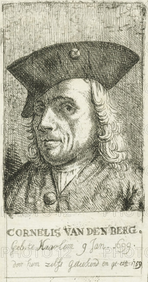 Self-portrait of artist Cornelis van den Berg, Cornelis van den Berg, print, Haarlem, 1759, paper, etching, height 138 mm x width 71 mm, Person, portrait, self-portrait of painter, A black and white engraved portrait shows an older man turned three quarters toward the viewer, wearing a broad, flat hat with a small circular ornament at the front and shoulder-length wavy hair that curls at the ends; his face displays fine etched lines indicating wrinkles around the eyes and mouth, a prominent nose, and a closed mouth with a slight downturn at the corners; he wears a high-collared garment fastened at the chest with a round decorative clasp and a patterned cloak or coat with visible textured shading; the background is filled with dense vertical and crosshatched lines creating a textured field, and a blank rectangular area below the portrait separates the figure from a lower section that contains hand-rendered script and ornamental marks.