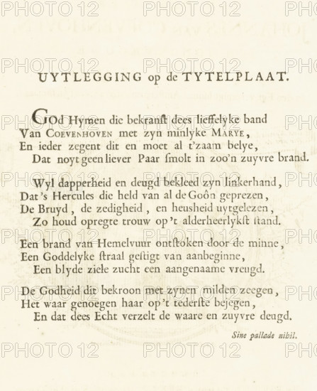 Page from Ter bruylofte van den heere Johannes van Coevenhoven en jongkvrouwe Maria Hoos, Amsterdam, 1723, print, Poem with an explanation of the title page of the work., publisher: Pieter van den Berge, paper, letterpress printing, book printing, height 270 mm x width 210 mm, A cream-colored page with evenly spaced dark printed lines forming blocks of text, larger bold heading near the top, faint circular watermark visible behind the middle lines, and slight discoloration and small spots near the edges.