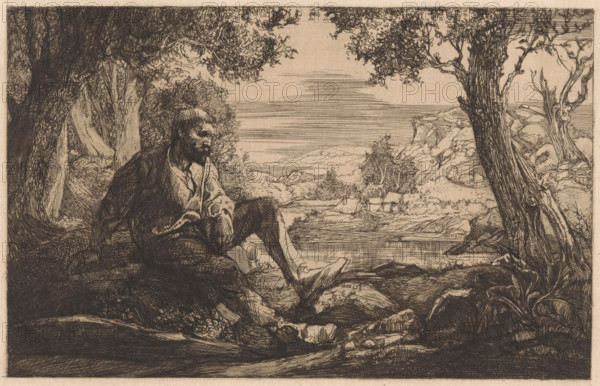Sitting man in hilly landscape, Vagabond in landscape (former title), print, A bearded man sits on a rock in a tree-covered hilly landscape. In the background, a meandering river and buildings are visible., printmaker: Johannes Josephus Aarts, 1881 - 1934, paper, etching, roulette, intaglio printmaking technique, roulette and plate tone, height 180 mm x width 235 mm, The current title was assigned by the museum due to a lack of information regarding an original title. This is possibly a third state., low hill country, beard, river - HH - ideal landscapes, sitting figure (sideview, profile), A detailed monochrome drawing shows a bearded man seated on a rock in a wooded riverside scene, his body turned slightly and one leg extended toward the water while his other arm rests on his knee; he wears a loose shirt and jacket and his face is shaded with fine lines. Large trees with textured bark frame the composition on both sides, their branches and leaves forming a canopy above. Rocks and un...